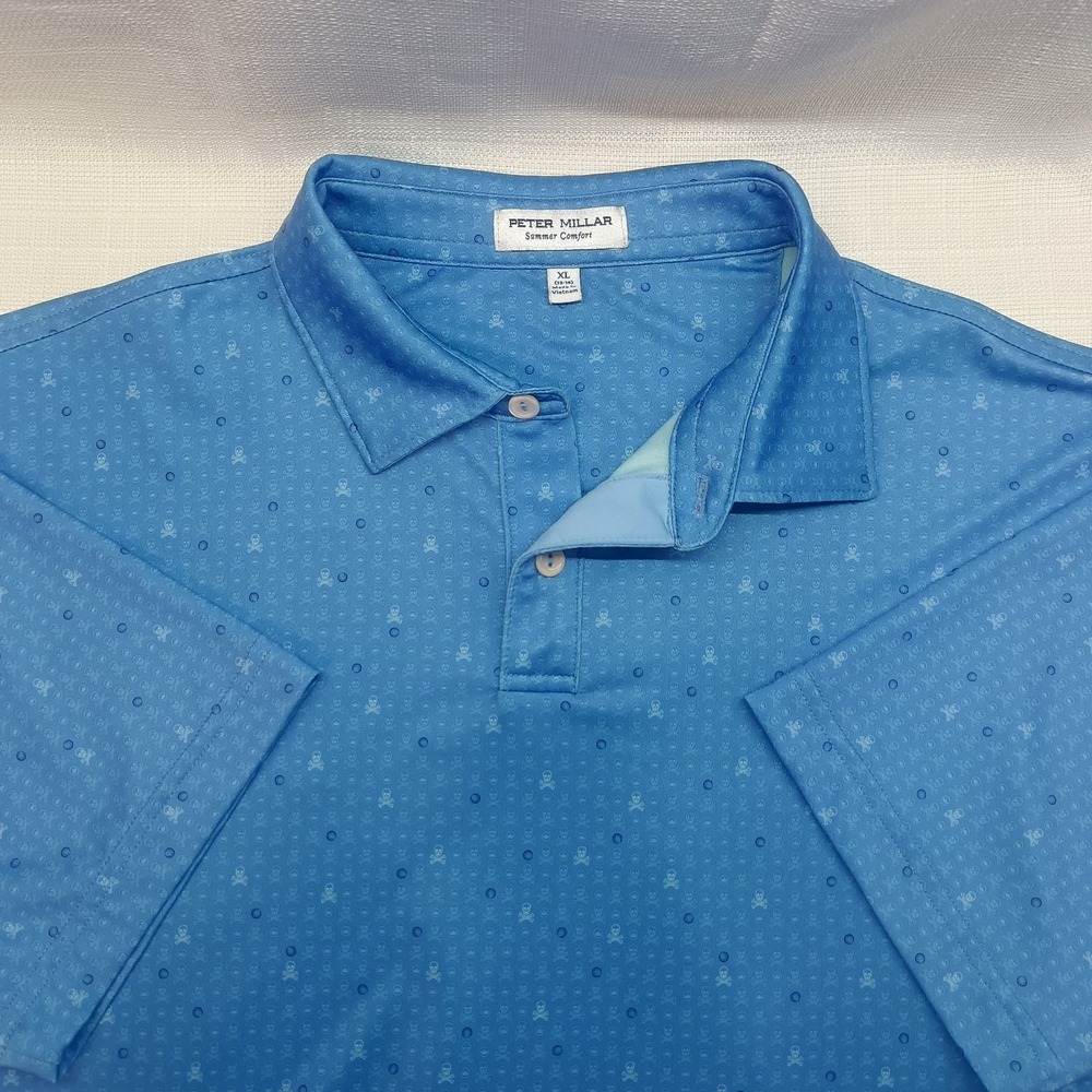 Peter Millar Summer Comfort Polo Shirt Mens XL‎ Blue Skulls Performance Stretch